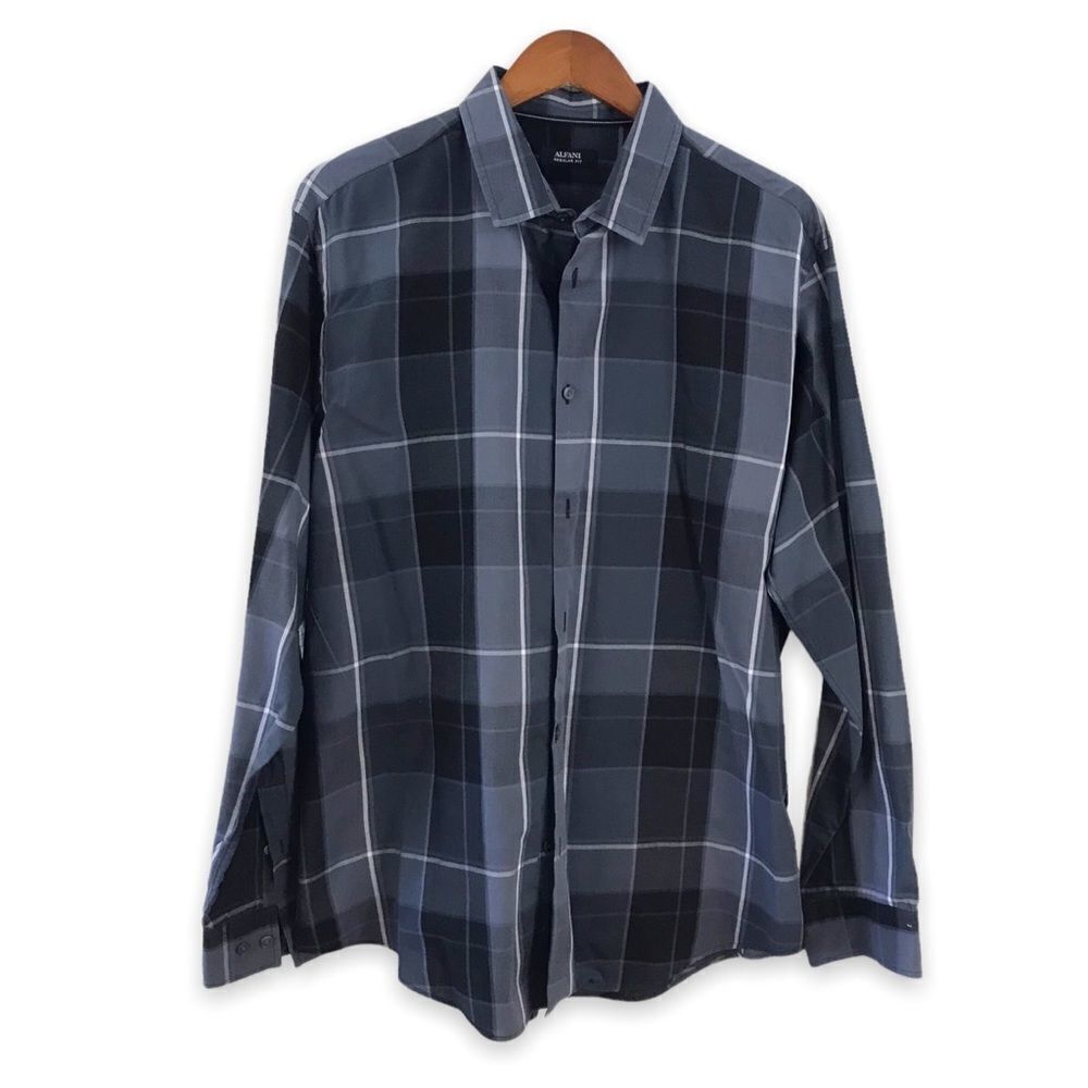 Alfani Regular Fit black and gray plaid button down shirt size XL
